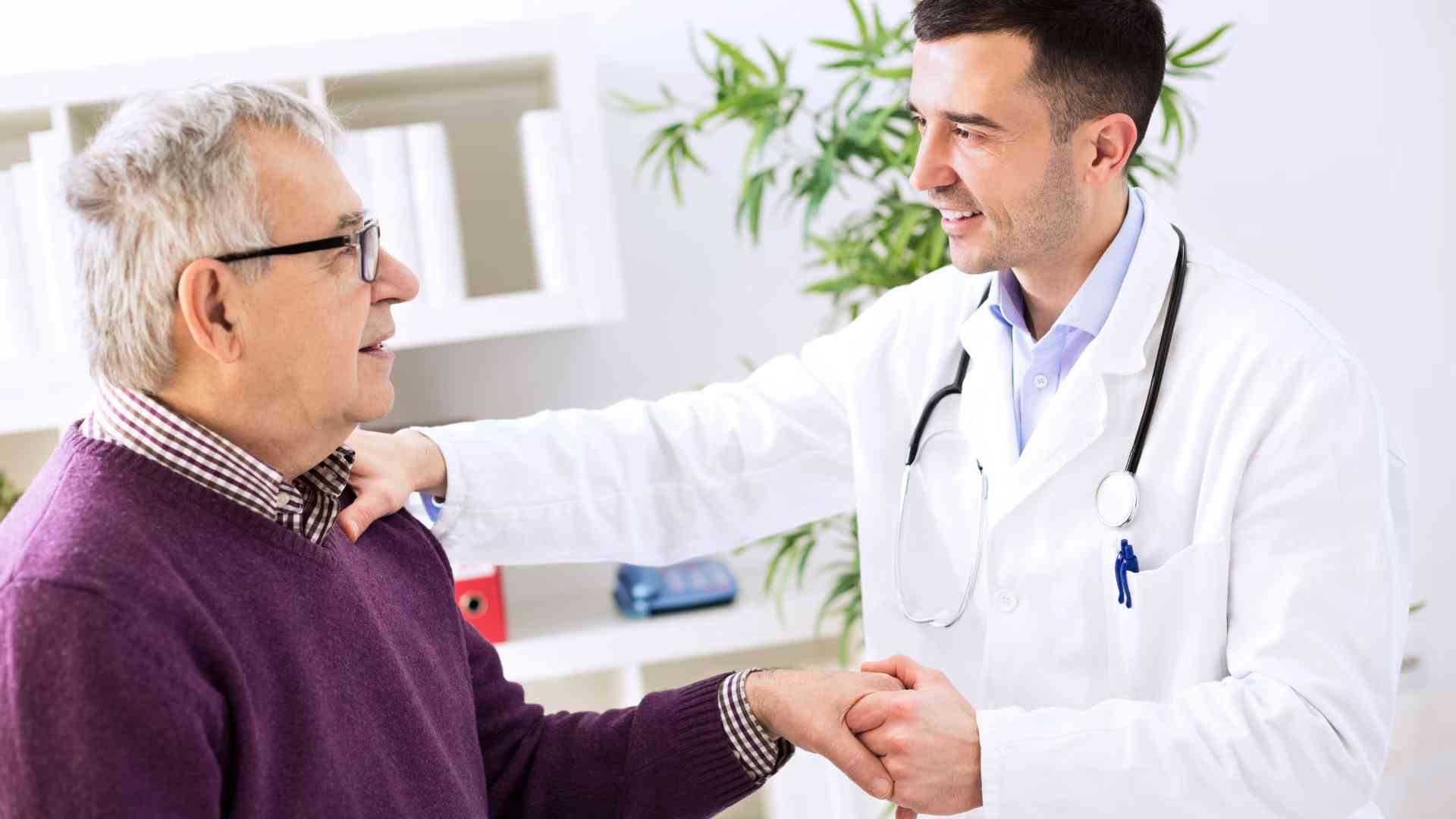 A professional doctor in a white coat shaking hands with a relaxed patient